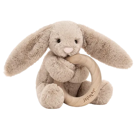 Bashful Beige Bunny Wooden Teething Ring & Rattle