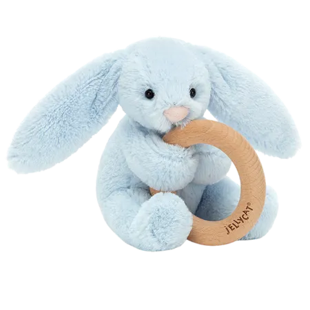 Bashful Blue Bunny Wooden Teething Ring & Rattle