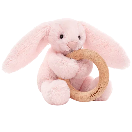 Bashful Pink Bunny Wooden Teething Ring & Rattle