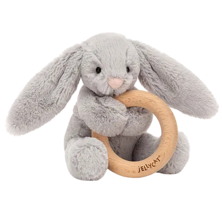 Bashful Silver Bunny Wooden Teething Ring & Rattle
