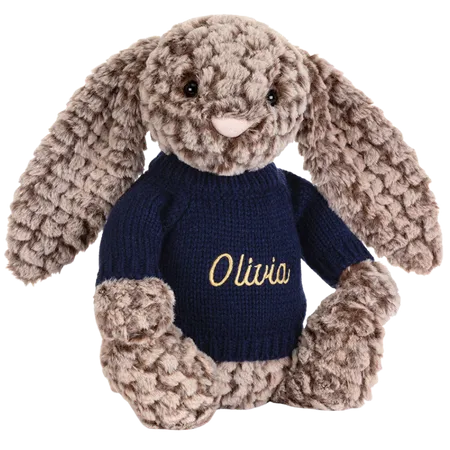 Bashful Luxe Bunny Pine with Personalised Navy Jumper