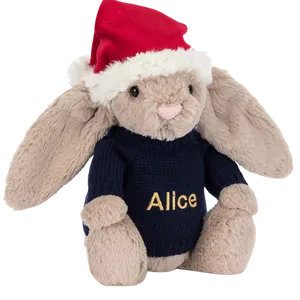 Bashful Christmas Bunny with Personalised Navy Jumper
