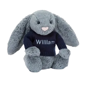 Bashful Dusky Blue Bunny with Personalised Navy Jumper