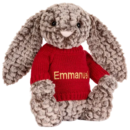 Bashful Luxe Bunny Pine with Personalised Red Jumper